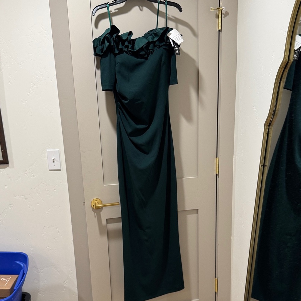 Xscape One Shoulder Dark Green Dress